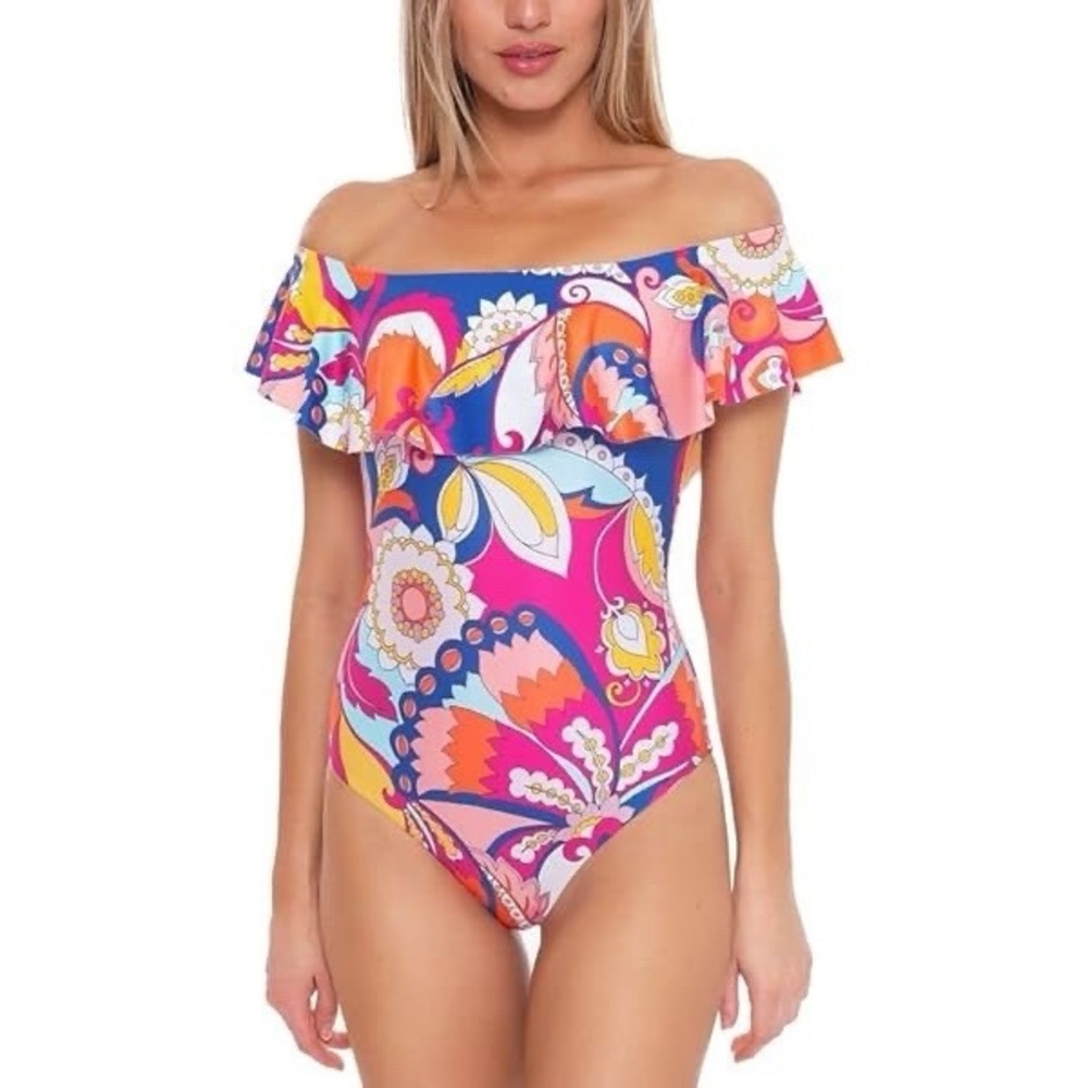 Trina Turk Sevilla Off‎ the Shoulder One Piece Swimsuit US Size 6 Multi Colored